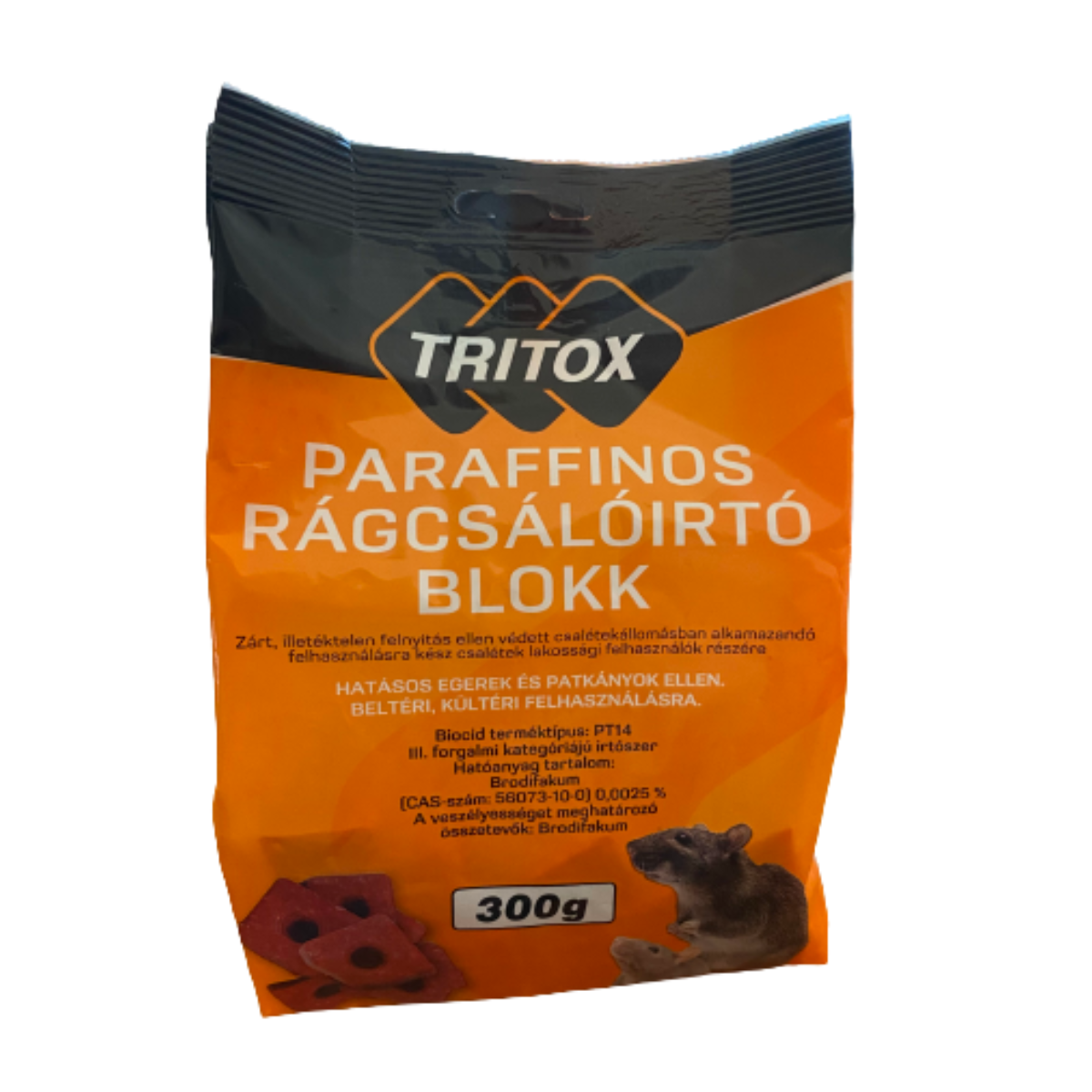 Tritox paraffinos rágcsálóirtó blokk, viasztömbbe zárt méreg egér és patkány ellen, 300 g